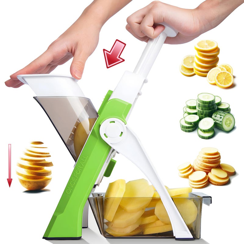 ONCE FOR ALL Safe Mandoline Slicer For Kitchen, Professional Vegetable Slicer For Food Potato Slices, Thickness Adjustable 0.1-8 mm Kitchen Artifact Fast Meal Prep (Green) - Image 1