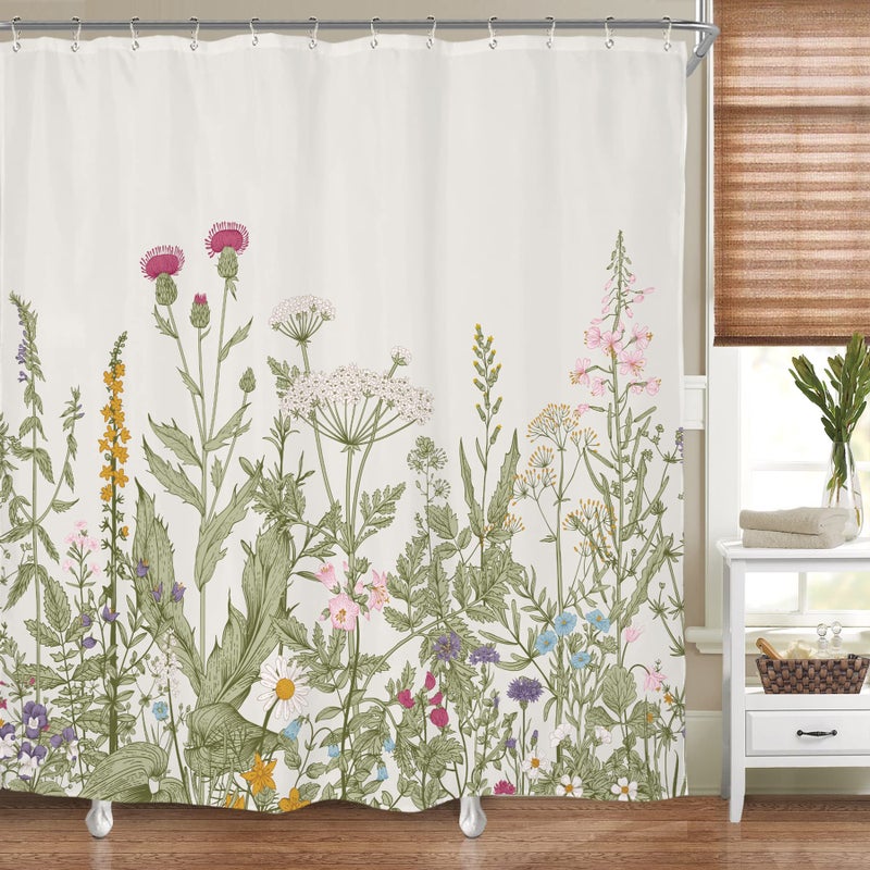 Riyidecor Fabric Green Leaves Shower Curtain for Bathroom Decor 60Wx72H Inch Floral Flower Botanical Wildflower Decorative Bath Set Plant Herbs Bathroom Accessories Polyester Waterproof 12 Pack Hooks - Image 2