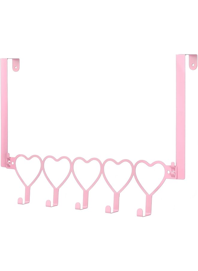 S-TOP Pink Heart Over Door Hooks Rack, 5-Hook Wall Mounted Hanger Organizer for Towels, Hats - Image 1