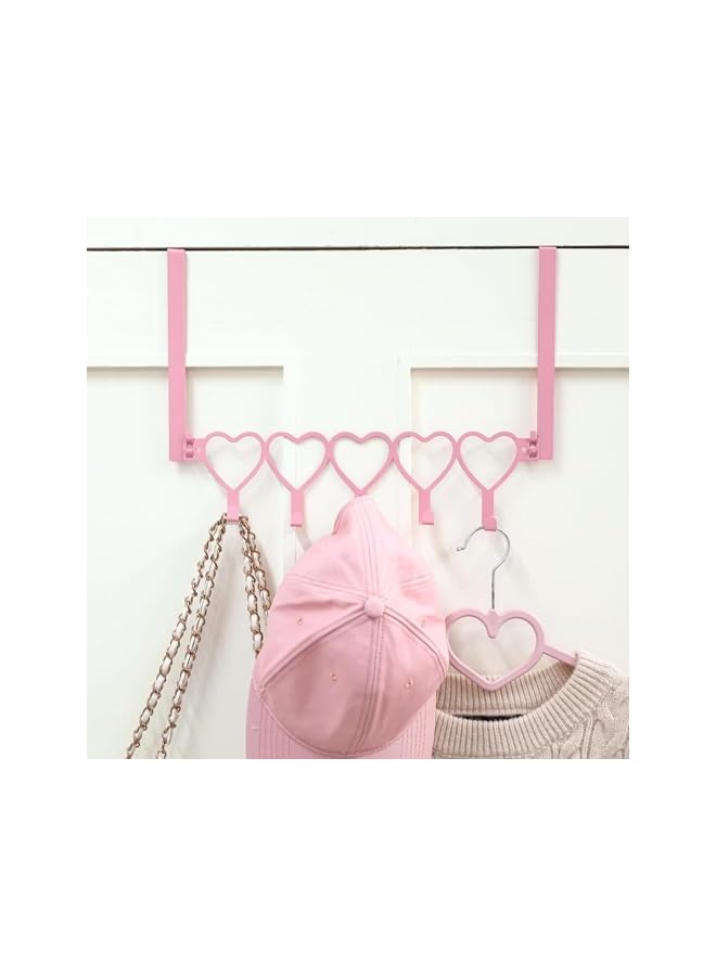 S-TOP Pink Heart Over Door Hooks Rack, 5-Hook Wall Mounted Hanger Organizer for Towels, Hats - Image 2