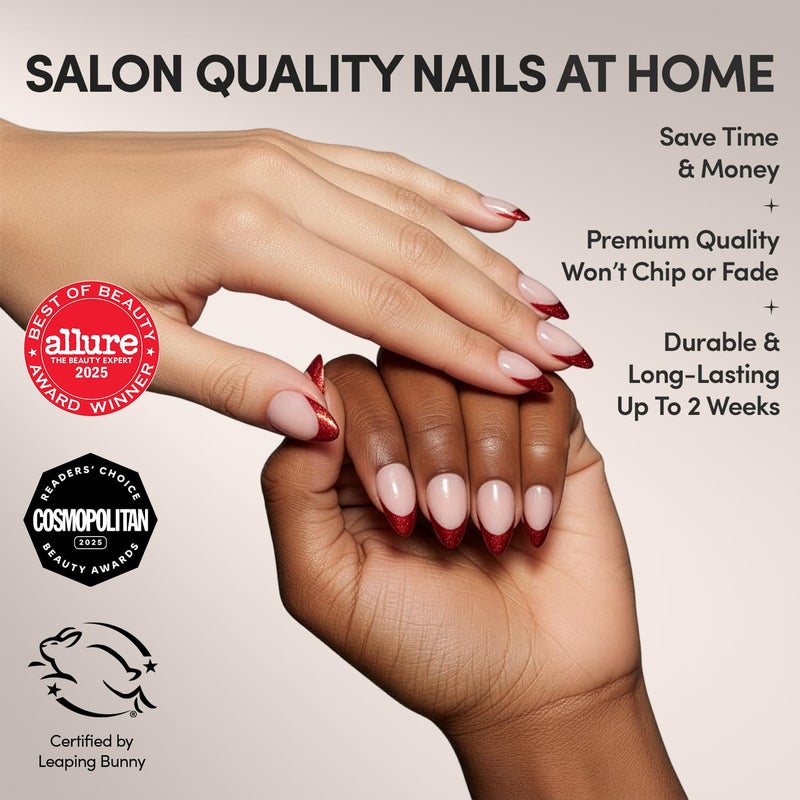 Glamnetic Press On Nails - Red Affair | Short Almond Red Glitter French Tip Nails with a Glossy Finish | 15 Sizes - 30 Nail Kit with Glue - Image 2