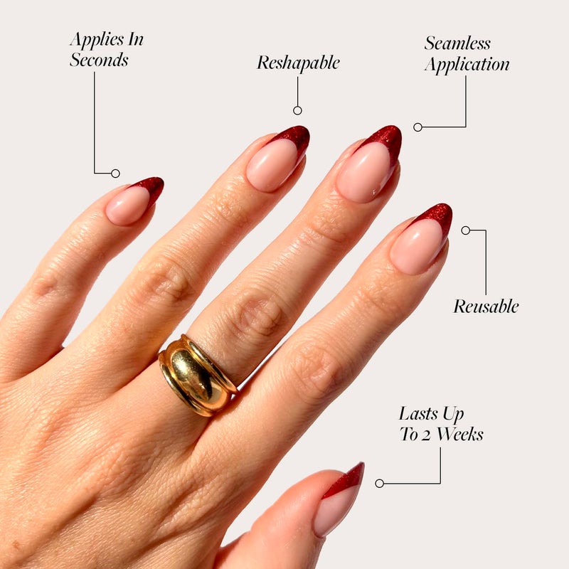 Glamnetic Press On Nails - Red Affair | Short Almond Red Glitter French Tip Nails with a Glossy Finish | 15 Sizes - 30 Nail Kit with Glue - Image 3