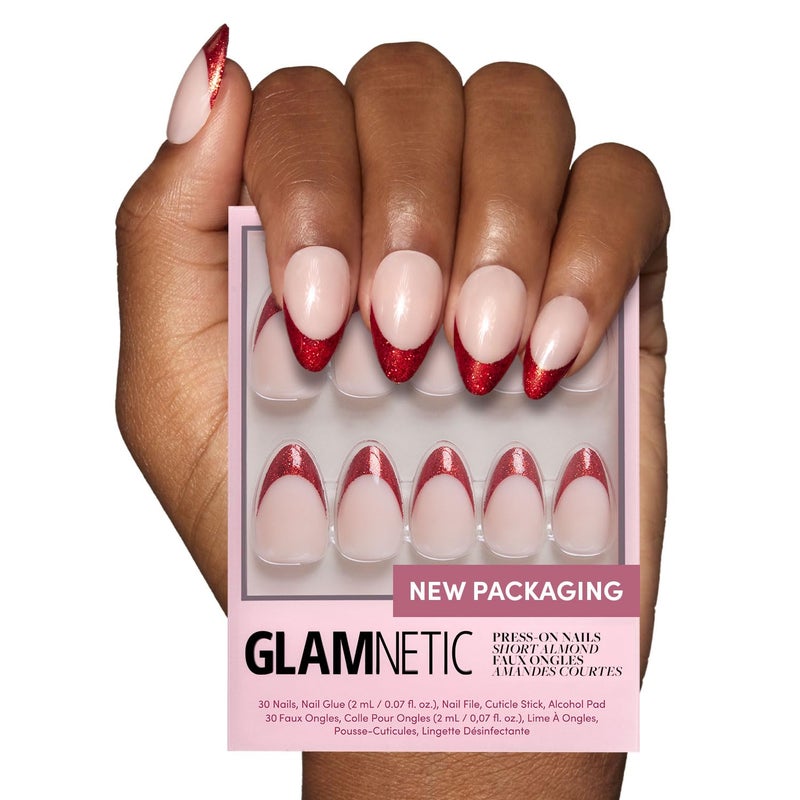 Glamnetic Press On Nails - Red Affair | Short Almond Red Glitter French Tip Nails with a Glossy Finish | 15 Sizes - 30 Nail Kit with Glue - Image 1
