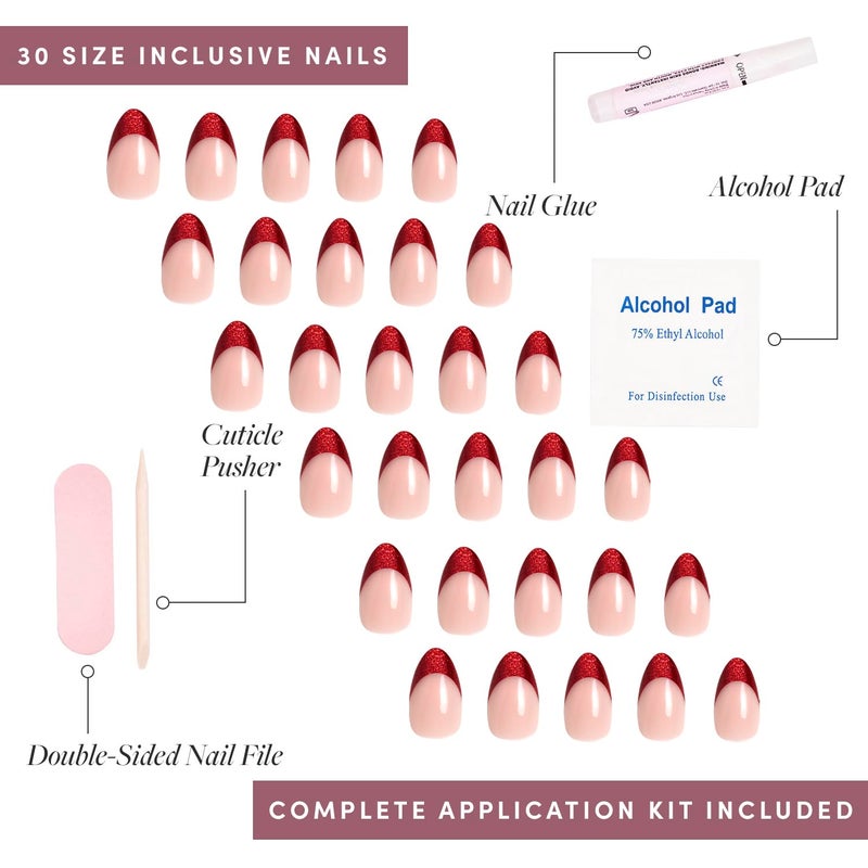 Glamnetic Press On Nails - Red Affair | Short Almond Red Glitter French Tip Nails with a Glossy Finish | 15 Sizes - 30 Nail Kit with Glue - Image 4