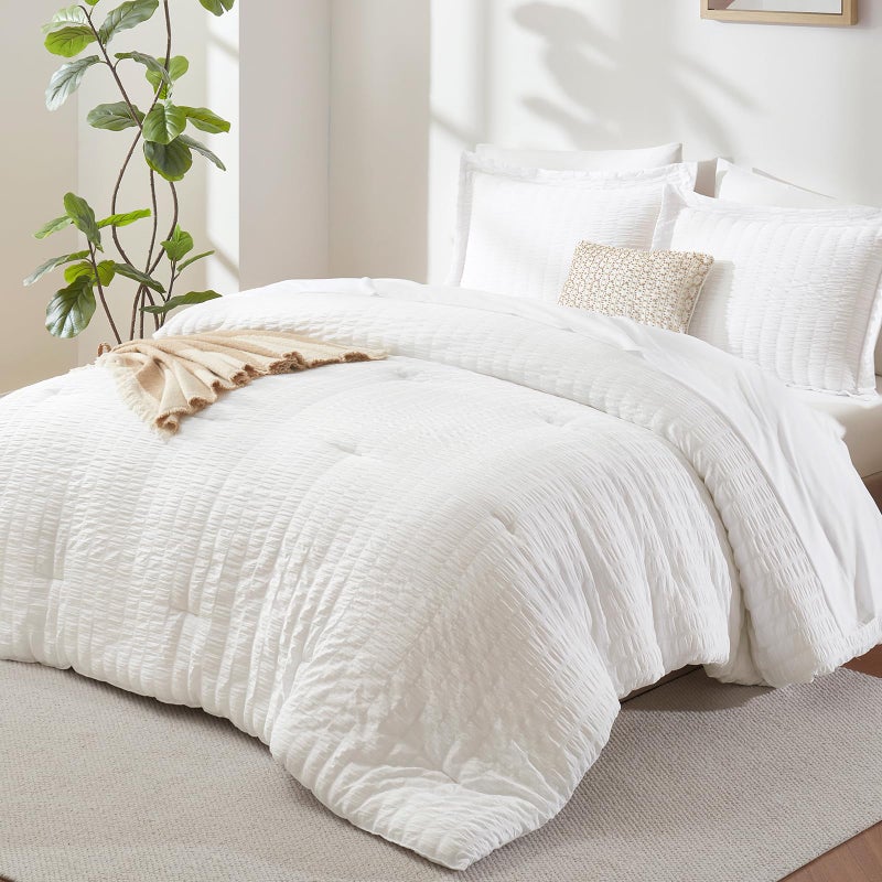 CozyLux Queen comforter Set White Seersucker 7 Pieces Bed in a Bag Queen Comforter Set with Sheets, Luxury Soft Bedding Set with Down Alternative Comforter, Sheets, Pillowcases & Shams for All Seasons - Image 1