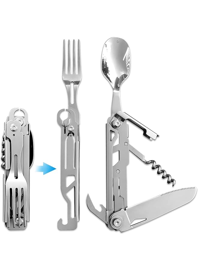 PROMASS 6 In 1 Detachable Camping Utensils Flatware Set, Multifunction Travel Pocket Cutlery Folding Spoon, Fork, Knife, Wine Bottle Can Opener Portable Combo Set Stainless Steel - Image 1