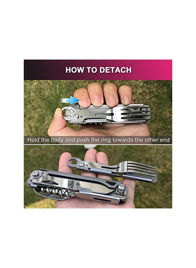 PROMASS 6 In 1 Detachable Camping Utensils Flatware Set, Multifunction Travel Pocket Cutlery Folding Spoon, Fork, Knife, Wine Bottle Can Opener Portable Combo Set Stainless Steel - Image 4
