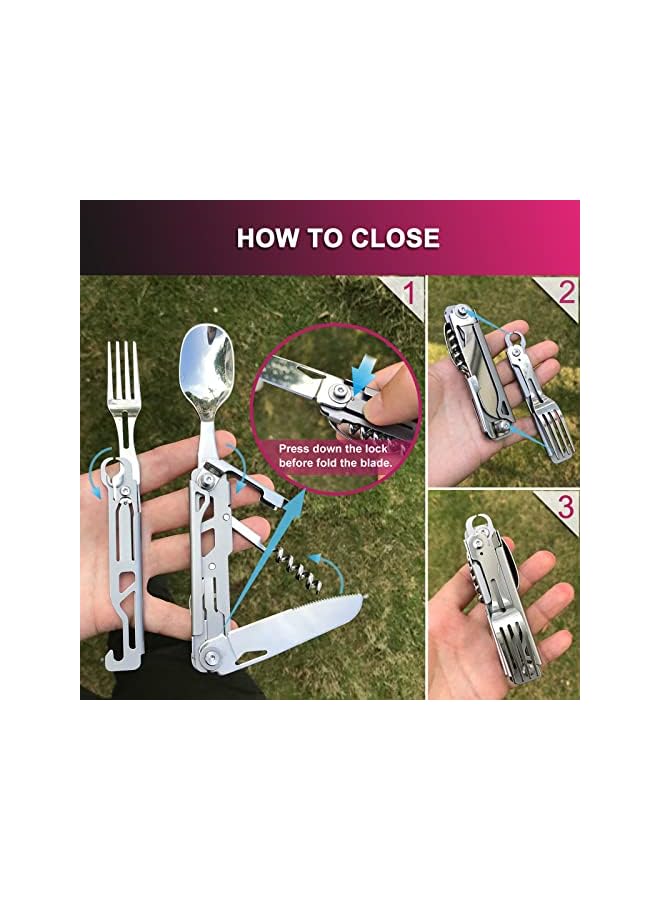 PROMASS 6 In 1 Detachable Camping Utensils Flatware Set, Multifunction Travel Pocket Cutlery Folding Spoon, Fork, Knife, Wine Bottle Can Opener Portable Combo Set Stainless Steel - Image 5