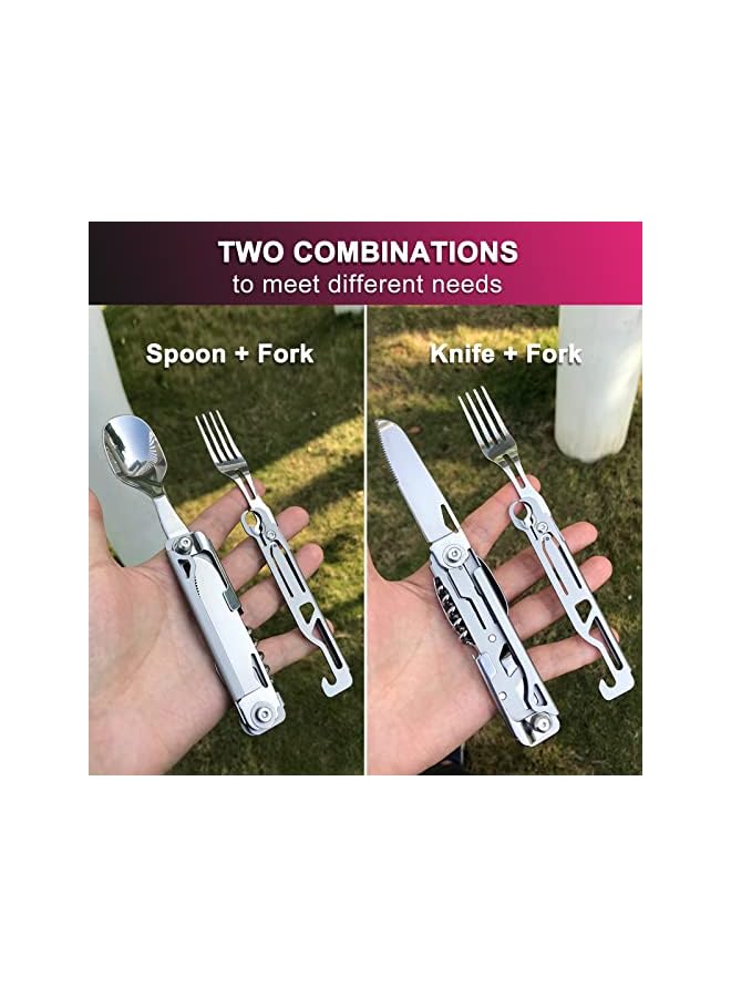 PROMASS 6 In 1 Detachable Camping Utensils Flatware Set, Multifunction Travel Pocket Cutlery Folding Spoon, Fork, Knife, Wine Bottle Can Opener Portable Combo Set Stainless Steel - Image 3