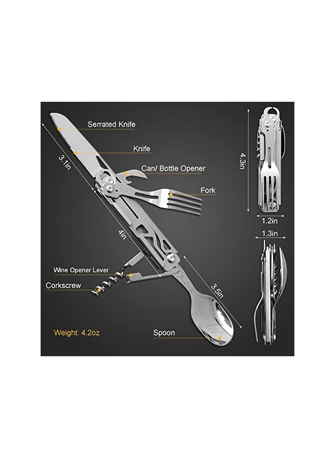 PROMASS 6 In 1 Detachable Camping Utensils Flatware Set, Multifunction Travel Pocket Cutlery Folding Spoon, Fork, Knife, Wine Bottle Can Opener Portable Combo Set Stainless Steel - Image 2