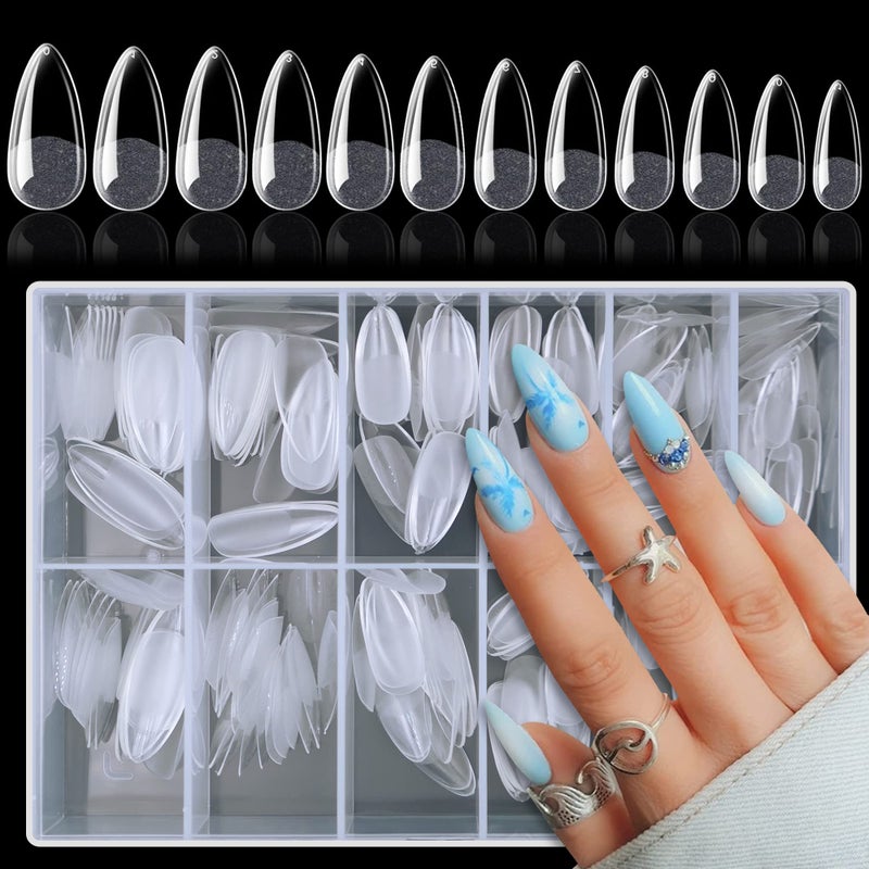 Addfavor AddFavor 240pcs Almond Nail Tips Clear Full Cover Medium Length Short Fake Acrylic Gel X Nail Tips for Salon and Home Nail Art Manicure 12 Sizes