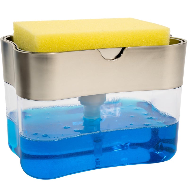 S&T INC. ST INC Dish Soap Dispenser and Sponge Holder for Kitchen Sink Sponge Included 13 Ounces Metallic Silver 