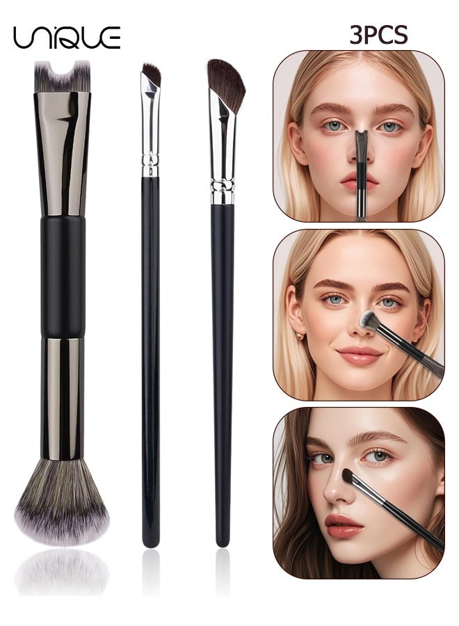 يونيك 3 قطع فرش تحديد الأنف - فرشة على شكل U ثنائية الاستخدام وفرشة ناعمة - فرشة تحديد الأساس - لتحديد الأنف والوجه بدقة (أسود) - Image 1