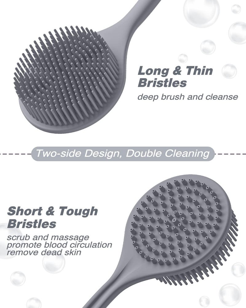 Manmihealth Silicone Back Scrubber(Thin Bristles) & Soft Bath Glove Set, Super-Cleaning Body Scrubber & Super-Lathering Shower Brush Combination, with a Free Hook. (Gray) - Image 3