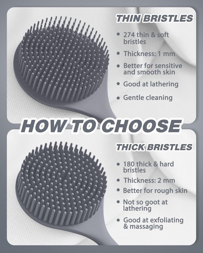 Manmihealth Silicone Back Scrubber(Thin Bristles) & Soft Bath Glove Set, Super-Cleaning Body Scrubber & Super-Lathering Shower Brush Combination, with a Free Hook. (Gray) - Image 4