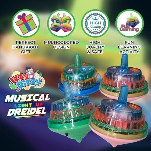 Izzy 'n' Dizzy Izzy n Dizzy Musical Dreidel Hanukkah Dreidel 4 Pack Sings Oh Draidel as it Lights Up Light Up Dreidels Chanukah Toys Games - Image 5