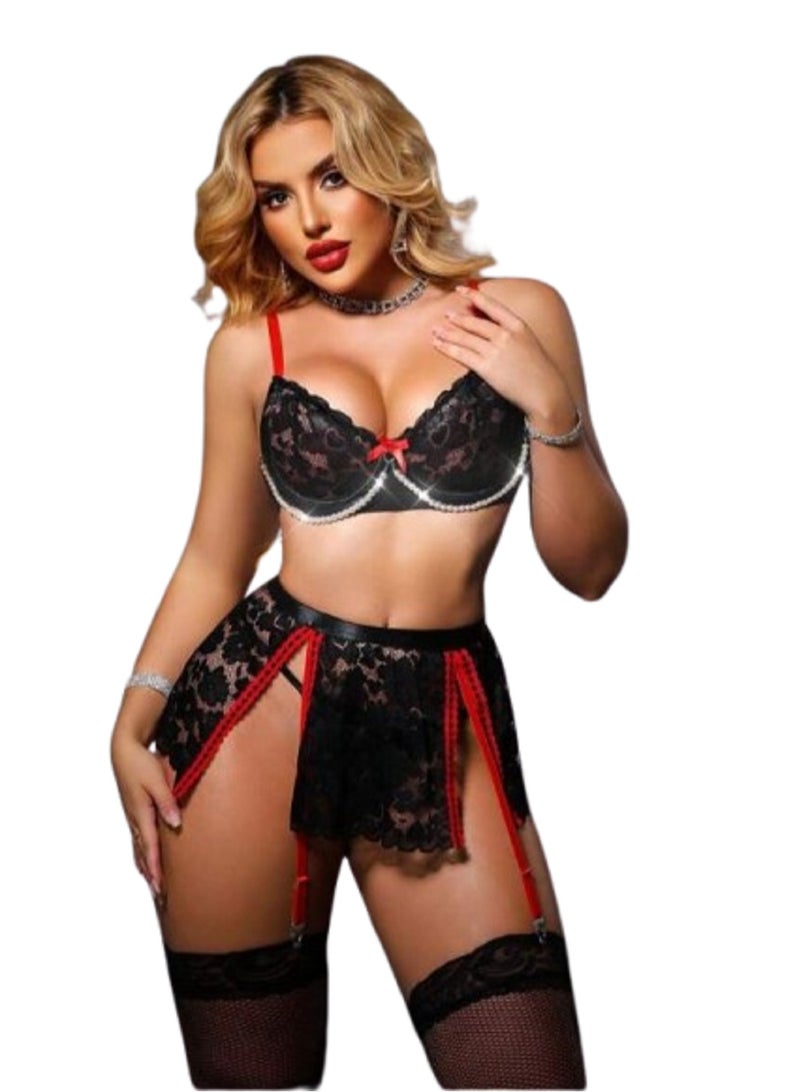 MANIKAN Women's Lingerie Set 5-Piece with Fishnet Stockings  - Image 1