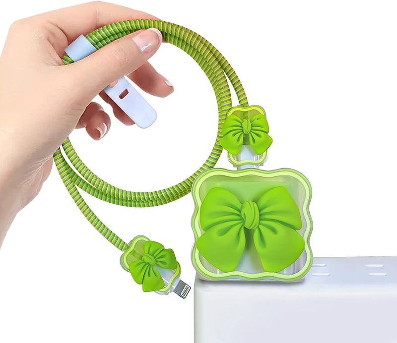 INEFABLE Charger Case Cover Protector with 3D Cute Pattern for iPhone Charger only 18W & 20W, Data Charging Cable Wire Saver Protective Cable Cover Full Protection - Set Of 1 (Green Bow) - Image 2