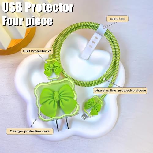 INEFABLE Charger Case Cover Protector with 3D Cute Pattern for iPhone Charger only 18W & 20W, Data Charging Cable Wire Saver Protective Cable Cover Full Protection - Set Of 1 (Green Bow) - Image 4