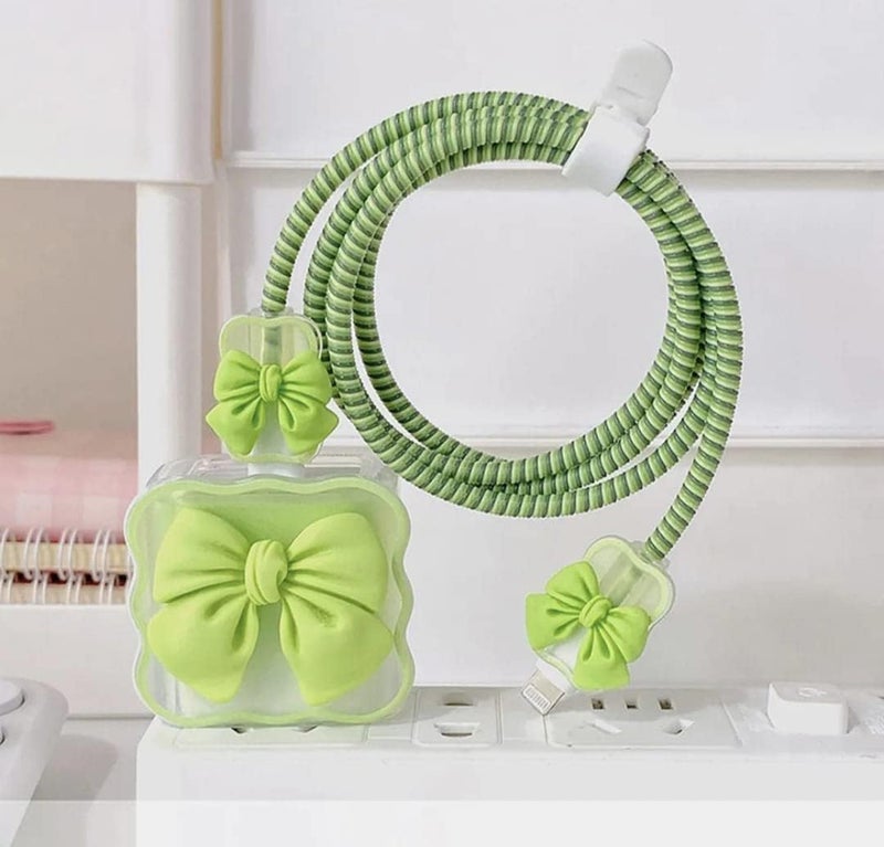 INEFABLE Charger Case Cover Protector with 3D Cute Pattern for iPhone Charger only 18W & 20W, Data Charging Cable Wire Saver Protective Cable Cover Full Protection - Set Of 1 (Green Bow) - Image 1