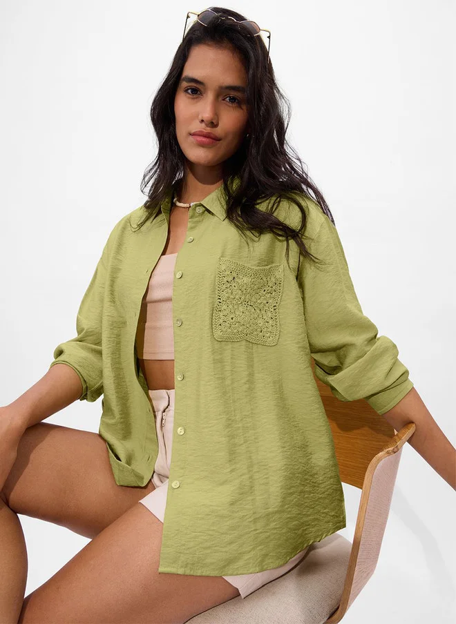 The Souled Store Women Mystic Solid Green Oversized Boyfriend Shirt
