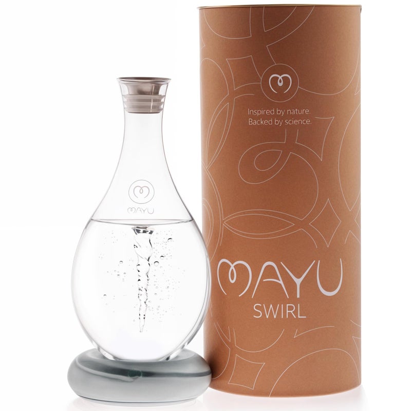 mayu قارورة ماء هيكلية MAYU Swirl - إبريق يدوي بتقنية دوامة مبتكرة. حامل موزع ماء مع فلتر عكسي 1.5 لتر | 51 أونصة بتصميم جرة زجاجية (قاعدة رمادية) - Image 1