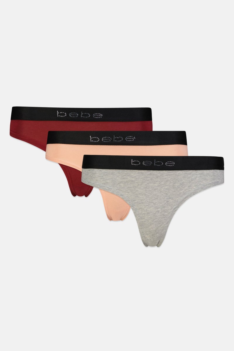 bebe Women 3 Packs Brand Logo Thong Panty Set, Multicolor - Image 2
