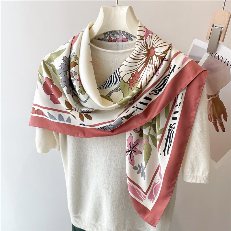 New large square scarf printed silk scarf women''s spring and autumn shawl scarf flower leaf scarf twill silk scarf scarf - Image 4
