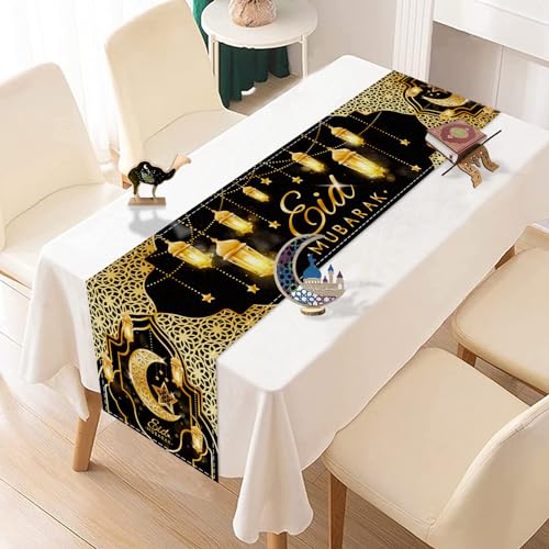 Fengrise Eid Mubarak Table Runner - Black Gold Ramadan Kareem Decorations for Home 2026, Star Moon and Lantern Pattern, Eid Al-Fitr Table Cloth,Islamic Decorations Supplies for Kitchen Indoor (13x72) - Image 1