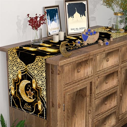 Fengrise Eid Mubarak Table Runner - Black Gold Ramadan Kareem Decorations for Home 2026, Star Moon and Lantern Pattern, Eid Al-Fitr Table Cloth,Islamic Decorations Supplies for Kitchen Indoor (13x72) - Image 5