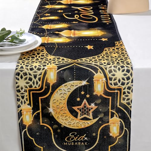 Fengrise Eid Mubarak Table Runner - Black Gold Ramadan Kareem Decorations for Home 2026, Star Moon and Lantern Pattern, Eid Al-Fitr Table Cloth,Islamic Decorations Supplies for Kitchen Indoor (13x72) - Image 2