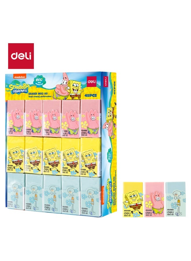 Deli ممحاة مستطيلة الشكل Deli EH01200 PVC باللون الوردي/الأزرق/الأصفر مجموعة 45 قطعة/صندوق عرض – مثالية للمدرسة أو المكتب أو استخدام الامتحانات - Image 1