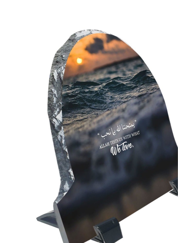 Service Zone Protective Printed White Rock Shape Marble Photo Frame for Table Top Allah Test Us With What We Love  - Image 3