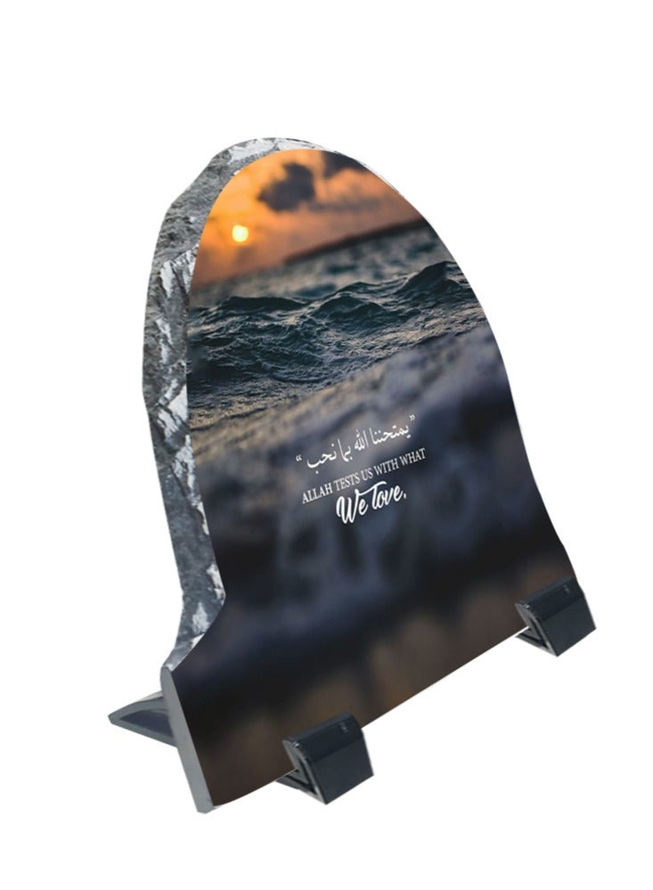 Service Zone Protective Printed White Rock Shape Marble Photo Frame for Table Top Allah Test Us With What We Love  - Image 2