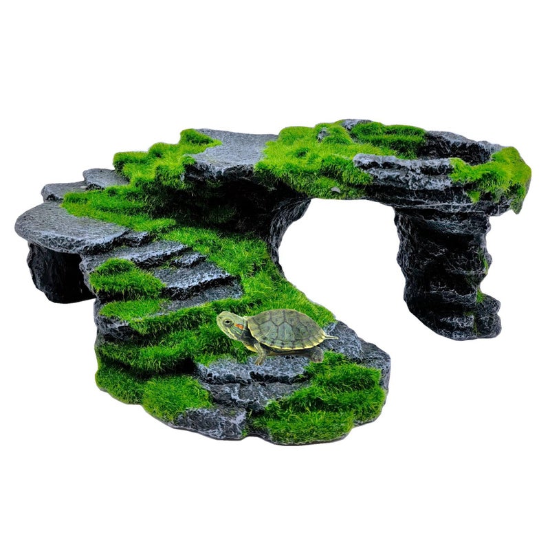 M2cbridge Reptile Hide Resting Step Ledge Cave Hideout Turtle Basking Platform - Great for Reptiles, Amphibians, and Fish (Moss Step Ledge B) - Image 1