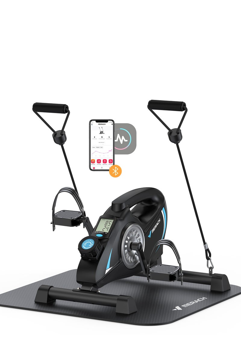 ميراتش دراجة تمارين دواسة تحت المكتب، دراجة تمارين صغيرة مغناطيسية هادئة مع تطبيق MERACH لاستعادة الذراع والساق والعلاج الطبيعي، دراجة مكتب ناعمة للقدم مع شريطين مقاومة وسجادة غير قابلة للانزلاق - Image 1