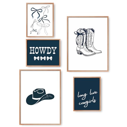 Riveda 5 Pcs Navy Blue Cowgirl Wall Art Cute Girly Western Prints Coquette Posters Preppy Coastal Blue Print Vintage Wild Western Gallery Picture Canvas Trendy Dorm Decor Unframed (8"*10"x3+12"*16x2) - Image 1