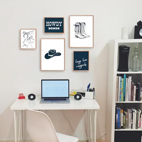 Riveda 5 Pcs Navy Blue Cowgirl Wall Art Cute Girly Western Prints Coquette Posters Preppy Coastal Blue Print Vintage Wild Western Gallery Picture Canvas Trendy Dorm Decor Unframed (8"*10"x3+12"*16x2) - Image 3