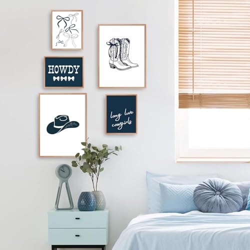 Riveda 5 Pcs Navy Blue Cowgirl Wall Art Cute Girly Western Prints Coquette Posters Preppy Coastal Blue Print Vintage Wild Western Gallery Picture Canvas Trendy Dorm Decor Unframed (8"*10"x3+12"*16x2) - Image 5