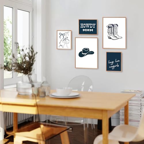 Riveda 5 Pcs Navy Blue Cowgirl Wall Art Cute Girly Western Prints Coquette Posters Preppy Coastal Blue Print Vintage Wild Western Gallery Picture Canvas Trendy Dorm Decor Unframed (8"*10"x3+12"*16x2) - Image 2