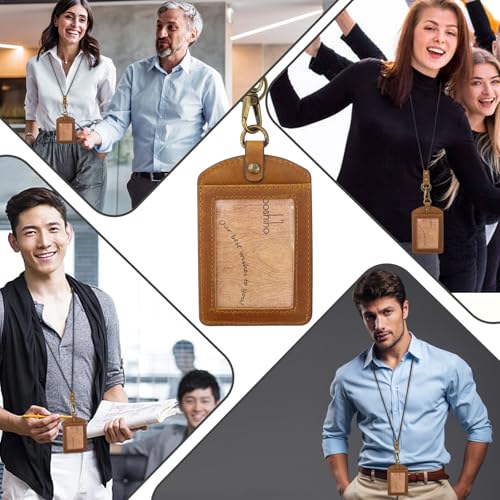 boshiho Badge Holder: Boshiho Cowhide Leather ID Badge Card Holder with 19" Neck Lanyard, Vertical Style (Light Brown) - Image 2