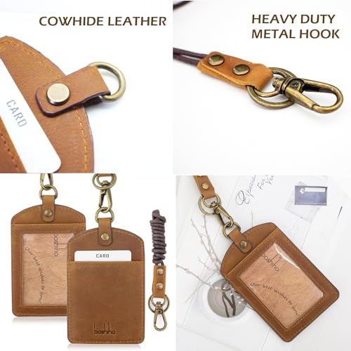 boshiho Badge Holder: Boshiho Cowhide Leather ID Badge Card Holder with 19" Neck Lanyard, Vertical Style (Light Brown) - Image 3