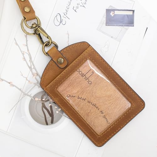boshiho Badge Holder: Boshiho Cowhide Leather ID Badge Card Holder with 19" Neck Lanyard, Vertical Style (Light Brown) - Image 4