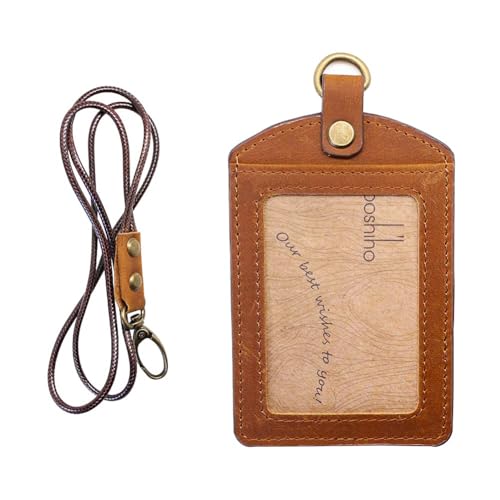 boshiho Badge Holder: Boshiho Cowhide Leather ID Badge Card Holder with 19" Neck Lanyard, Vertical Style (Light Brown) - Image 1