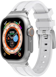 Dado Liquid Silicone Rubber Bands Compatible with Apple Watch Series Ultra 2 | 9 | 8 Ultra | 8 | 7 | 6 | 5 49/45/44/42 mm, Luxury Design Rubber Strap with Stainless Steel Adapter (Whtite - Silver)