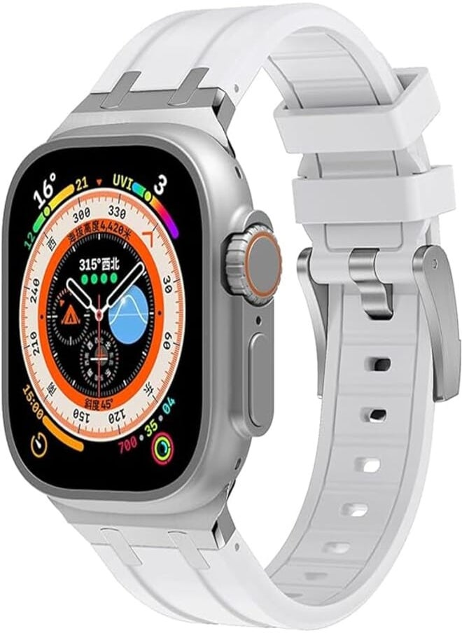 Dado - Dado Liquid Silicone Rubber Bands Compatible with Apple Watch Series Ultra 2 | 9 | 8 Ultra | 8 | 7 | 6 | 5 49/45/44/42 mm, Luxury Design Rubber Strap with Stainless Steel Adapter (Whtite - Silver) - Image 1