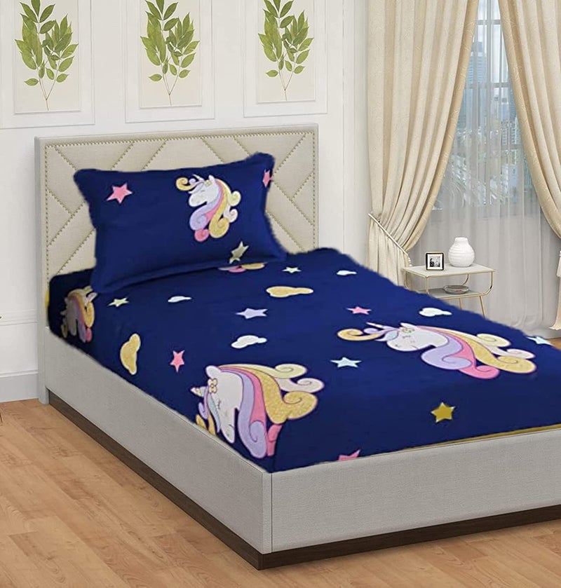 Akshya Kid's Glace Cotton Single Fitted bedsheet with Pillow Covers (Blue) - Image 1