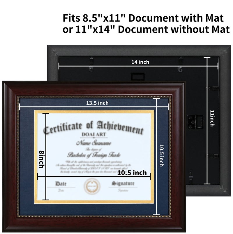 DOAI ART 8.5 x 11 Diploma Frame Classic Mahogany Display 8.5x11-inch with Blue Over Gold Mat or 11x14 Document &Certificate Without Mat,Wide Molding, Gold Beads Hanging Hardware Included, Tabletop - Image 5