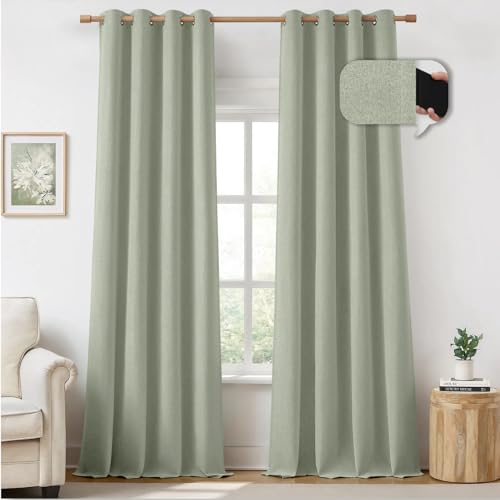 HOMEIDEAS 100% Sage Green Linen Blackout Curtains for Bedroom, 52 x 84 Inch Length 2 Panels Faux Linen Thermal Insulated Black Out Grommet Window Drapes for Living Room - Image 1