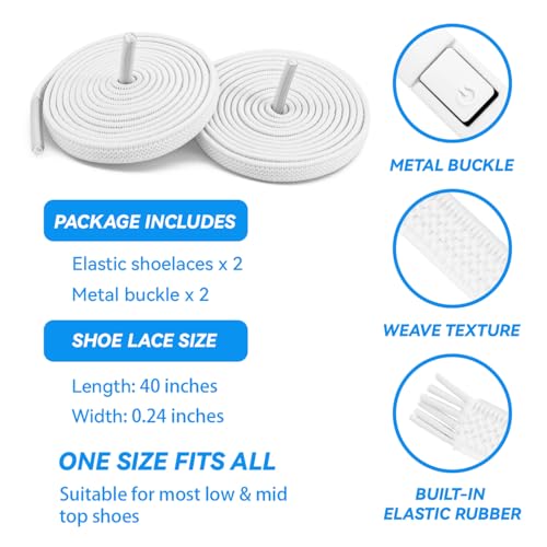YLOKO White Elastic Shoe Laces Flat No Tie Shoelaces Tieless Stretch Laces for Adults & Kids Sneakers Running Shoes - Image 2